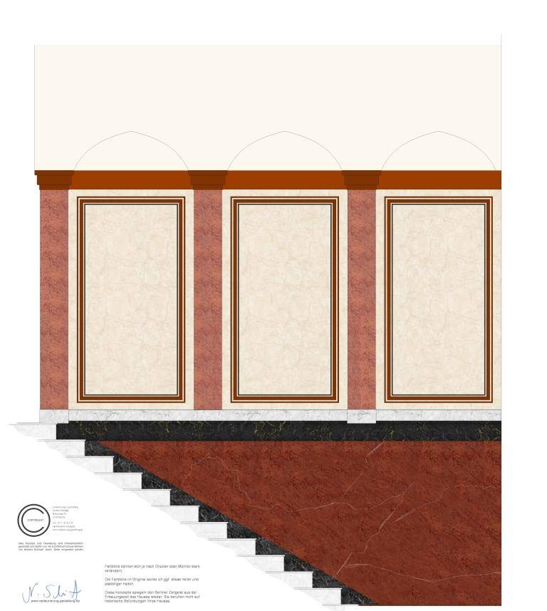 Konzept des Eingangsbereiches eines Treppenhauses. Nachdem Restaurator im Handwerk und Malermeister Norbert Schimpf mit seiner Kollegin die Untersuchung für das Entree abgeschlossen hat, wurde auf Grund der Untersuchten Daten ein Konzept erstellt. Dieses Konzept ist Grundlage der denkmalpflegerischen Genehmigung und muss nach der Erteilung der Genehmigung so umgesetzt werden. Dieses Konzept sieht vor, das die Pilaster der fehlende Pilaster auf Grund des Formenzusammenhanges wieder hergestellt werden soll. Eine Marmorimitation soll auf die Pilaster und auf die Rücklagen der Wandflächen aufgetragen werden. Die Rücklagen der Wandflächen sind zudem noch mit Bändern verziert. Beschädigungen des Stuckmarmors im Sockelbereich wurden Materialidentisch ergänzt.  Das Unternehmen restaurierung und gestaltung hat durch den Restaurator und Malermeister Schimpf kann jetzt das Konzept umsetzen.